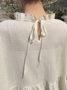 FRIFUL Solid Color Stand Collar, Back Tie Drawstring Waist Pleated Texture Loose Casual Versatile T-Shirt - Beige - View 3