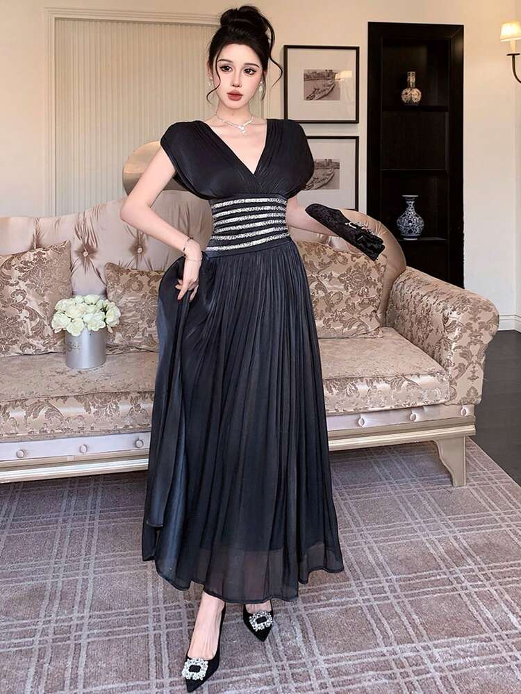 Women's V-Neck Sleeveless Waist Splice Long Elegant Dress Maxi Dress Sundress