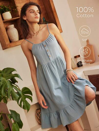 Soft Solid Color Ruffled Hem Bohemian Style Nightgown For Women