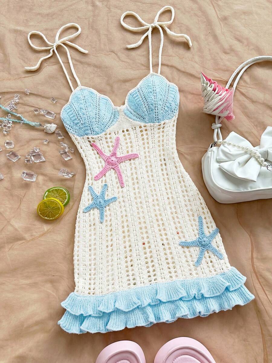 Soleia Đầm slip dệt kim khoét lỗ, phối màu tương phản, họa tiết sao biển, viền bèo nhún đôi, dành cho nữ, thích hợp cho kỳ nghỉ, hẹn hò, tiệc trà chiều, đi biển, du thuyền. - Nhiều màu - Xem 1