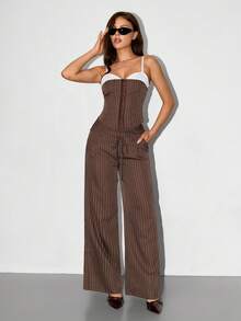 SHEIN ICON 女士通勤条纹阔腿裤 - 棕色 - 查看 4