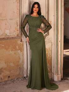 Elegant Luxury Pearl Rhinestone Design Sheer Long Sleeve Elastic Knit Ruched Mermaid Dress, Suitable For Wedding, Party, Vacation, Bride, Mother Of The Bride, Evening Gown - Army Green - View 5