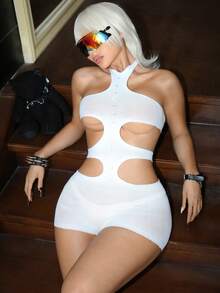 White High Elasticity Rhinestone Glitter Hollow Out Sheer Punk Y2K Jumpsuit For Women - White - View 5