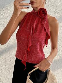 SHEIN Franclia 女士休闲荷叶边花卉装饰吊带衫，日常百搭 - 紅色 - 查看 5