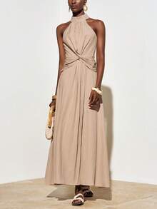 Zivah Women's Solid Color Halter Neck Ruched Vintage Style Long Dress, Suitable For Dates, Parties Resort Dresses Vacation Dresses For Dinner Neutral Dresses For Women Wrap Around Dresses For Ladies Yacht Dress Wrap Dress Wedding Guest Wow Dress - Khaki - View 2