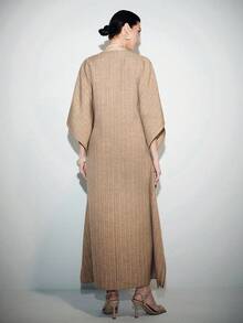 Lumivelle Women's Spring/Summer Fashion Long Dress, High-End Unique Linen Cotton Striped V-Neck Dress - Khaki - View 2