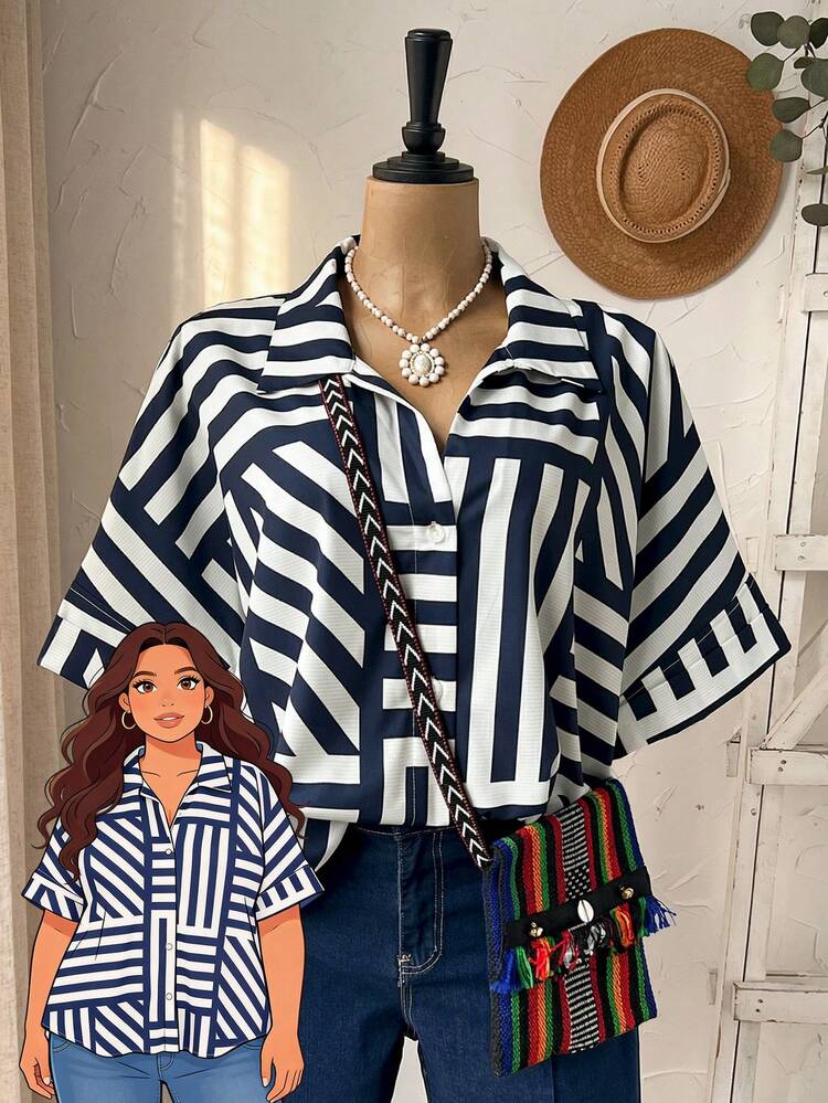 Plus Size Summer Casual Everyday Striped Front Button Loose Shirt/ Vacation Summer Top Spring Country Style For Women