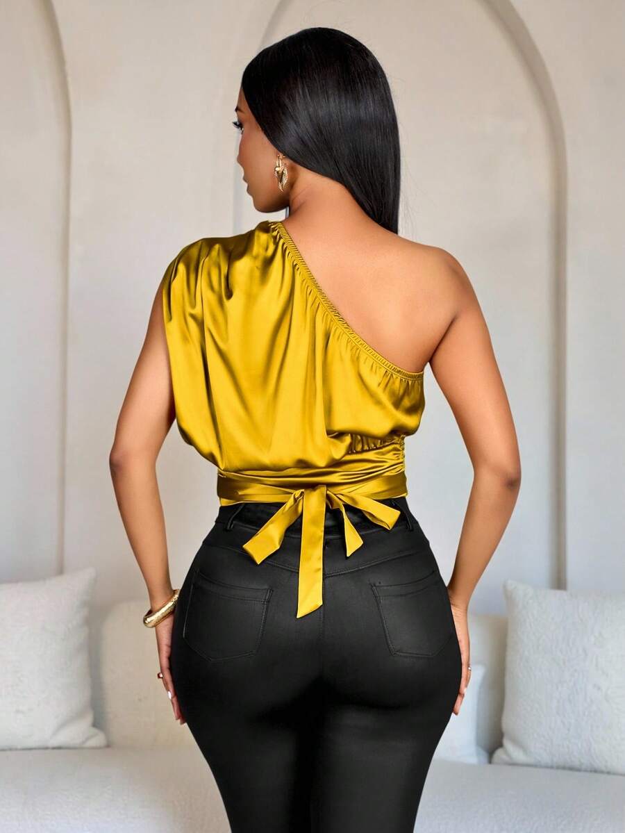 SOLERSUN Blusa de satén amarilla sexy y elegante para ir al trabajo, fiestas de primavera/verano y vacaciones.