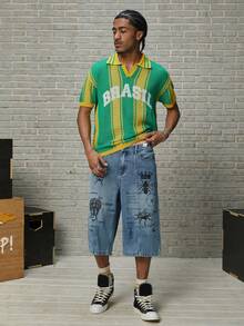 GALLERY FADE Men's Casual Washed Insect Print Denim Bermuda Shorts - Blue - View 6