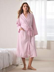 Ocili Women's Plaid Long Sleeve Robe With Belt - Pink - View 5