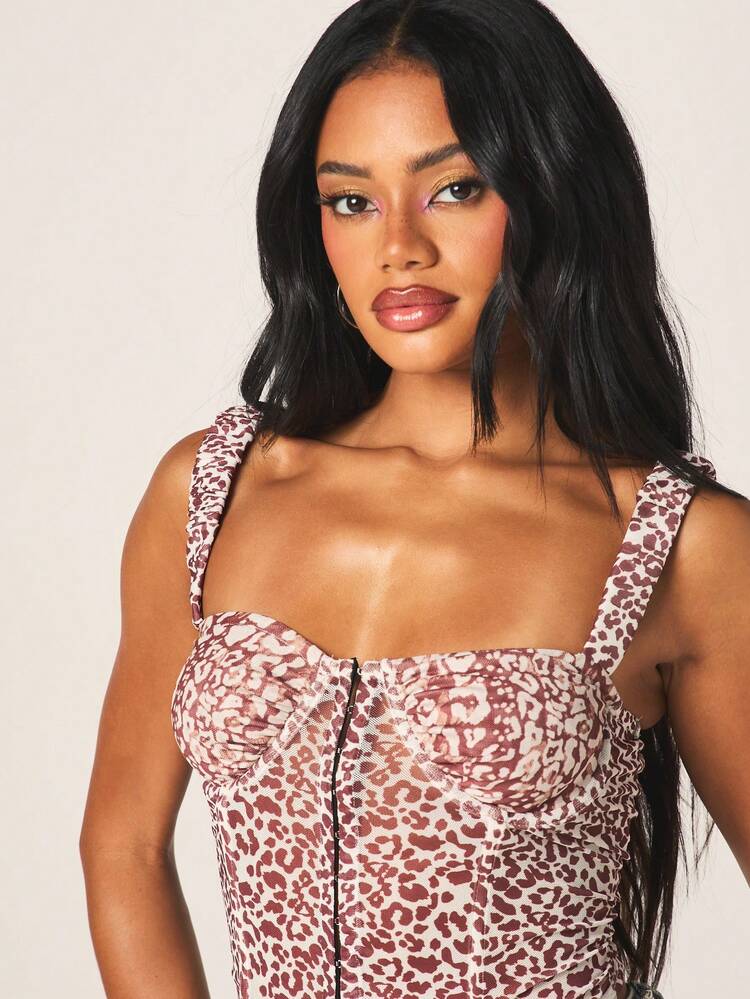 MISSGUIDED レオパード柄 バストコルセット タンクトップ フロントジッパー付き 構造的なフィット感 夏ファッション向け