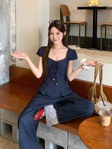 DAZY Women's Korean Style Ruffle Trim Denim Effect Shirt And Elongated Pants 2 Pieces Set - Blue - View 5