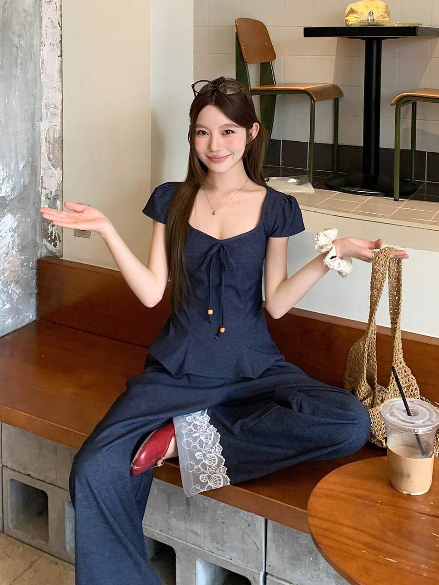 DAZY 韩版女式荷叶边牛仔效果衬衫和长裤两件套 - 藍色 - 查看 1