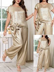 SHEIN Clasi 大码女式纯色圆领扭结设计短袖上衣和阔腿裤休闲两件套 - 金色 - 查看 1
