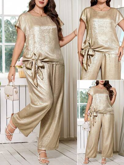 SHEIN Clasi Conjunto informal de 2 piezas de talla grande para mujer con top de manga corta de cuello redondo con diseño de torsión y pantalones de pierna ancha de unicolor