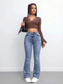 SHEIN Tall Quần jeans nữ dáng ôm vừa vặn, co giãn, ống loe, thích hợp cho nữ cao, thích hợp mặc vào đêm giao thừa và Giáng sinh. - Rửa nhẹ - Xem 4