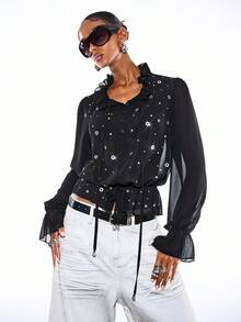 LYSMO Áo kiểu nữ cổ chữ V tay dài xếp nếp thắt nơ phía trước, chất liệu xuyên thấu. - màu đen - Xem 6