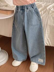 DAZY Quần jeans ống rộng thoải mái có túi, cạp chun co giãn dành cho nữ - Rửa nhẹ - Xem 5
