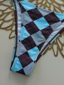 Swim Mod 女士格子印花挂脖系带比基尼两件套泳衣，适合海滩度假，春夏款 - 彩色 - 查看 3