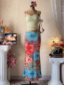 Bluhae 吊带拼接蕾丝薄纱上衣和印花半裙套装，休闲假日海滩度假装 - 彩色 - 查看 1