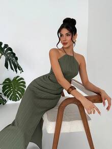Firerie Women's Elegant Romantic Date Holiday Dress, Green Halter Neck Backless Ruched Waist Straight Hem Dress, Beach Holiday Dress, Beach Cover Up - Olive Green - View 7