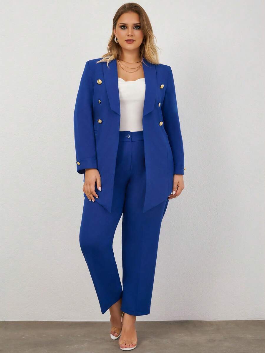 SHEIN Cottnline Plus Shawl Collar Double Breasted Blazer & Pants - Blue - View 1