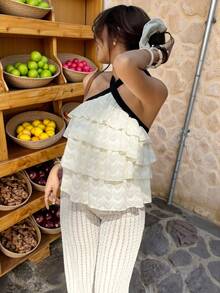 Serisse 女士休闲夏季撞色黑色吊带交叉露背多层扇形蕾丝上衣，情人节，非常适合假日郊游、购物旅行和春季短途旅行。 - 杏色 - 查看 2