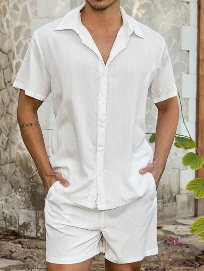 VIVINTIMO 男士纯色短袖衬衫和短裤休闲沙滩套装，简约时尚，适合日常穿着