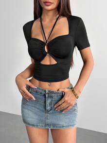 Lyxana Black Summer Seksi Chic Club Halter Tie Metal Buckle Pleated Hollow Highlight Short Sleeve T-Shirt,Suitable For Music Festival,Party,Vacation - Black - View 7