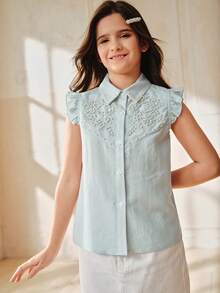 Anewsta 少女串珠装饰短袖上衣，甜美风格 - 藍色 - 查看 4