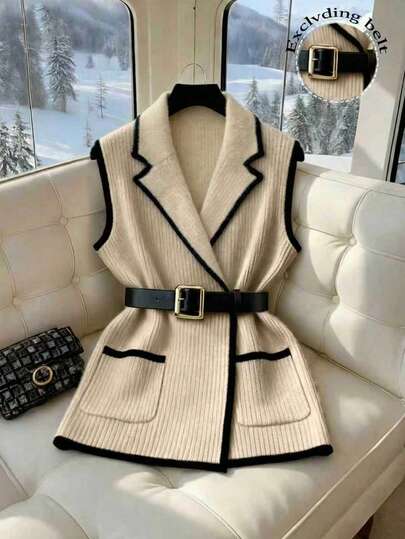 Franclia 大码女式撞色包边翻领口袋针织背心，休闲及办公穿着，秋冬款