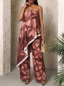 SOLERSUN Bộ jumpsuit nữ dáng rộng, trễ vai, in hoa, chất liệu chiffon, hoàn hảo cho kỳ nghỉ, hẹn hò hoặc những buổi đi chơi thường ngày, trang phục thường nhật sang trọng. - Đỏ - Xem 7