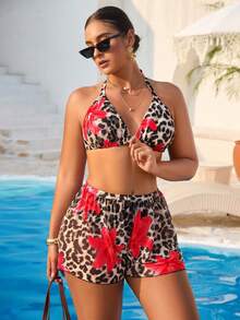 Swim Vcay Plus Size Leopard & Floral Print Swimwear Set - Multicolor - View 3