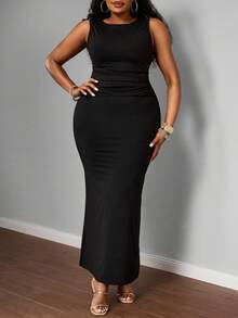 SHEIN Tall CURVE 大码女士优雅派对/约会纯色拼接透视蕾丝荷叶边扭结修身无袖连衣裙 - 黑色 - 查看 4