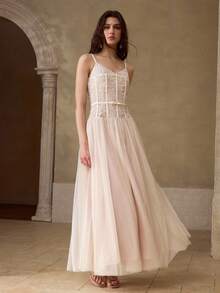 MOTF PREMIUM WOMEN'S SUMMER ROMANTIC CONTRAST LACE MESH UMBRELLA HEM LONG STRAP DRESS - Apricot - View 5