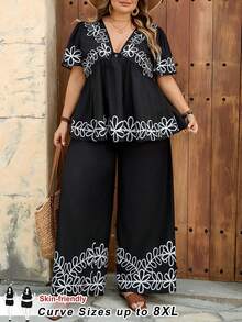 SHEIN CURVE+ Curve Size US22Music Festival, Seaside Vacation, Bohemia Women's Black Positioning Flower Doll Shirt+Pants Two Pieces Set, Vacation Two Pieces Set, Casual Two Pieces Set - Black - View 8