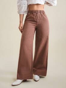 SHEIN Tall Women's Elastic Waist Wide Leg Loose Casual Denim Pants - Coffee Brown - View 3