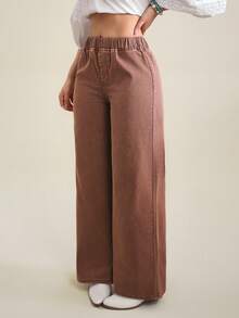 SHEIN Tall Women's Elastic Waist Wide Leg Loose Casual Denim Pants - Coffee Brown - View 4