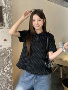 DAZY 女士清新韩风波点图案 Polo 领短袖衬衫 夏季 - 黑色 - 查看 4