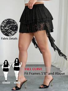 SHEIN Tall CURVE 大码纯色蕾丝飘逸优雅半身裙，适合夏季度假、婚礼宾客，适合高挑丰满女性，蕾丝元素，春季女性适用，情人节女性适用，派对、婚礼及活动、毕业典礼适用，大码夏季适用，女性度假适用，黑色半身裙 - 黑色 - 查看 1