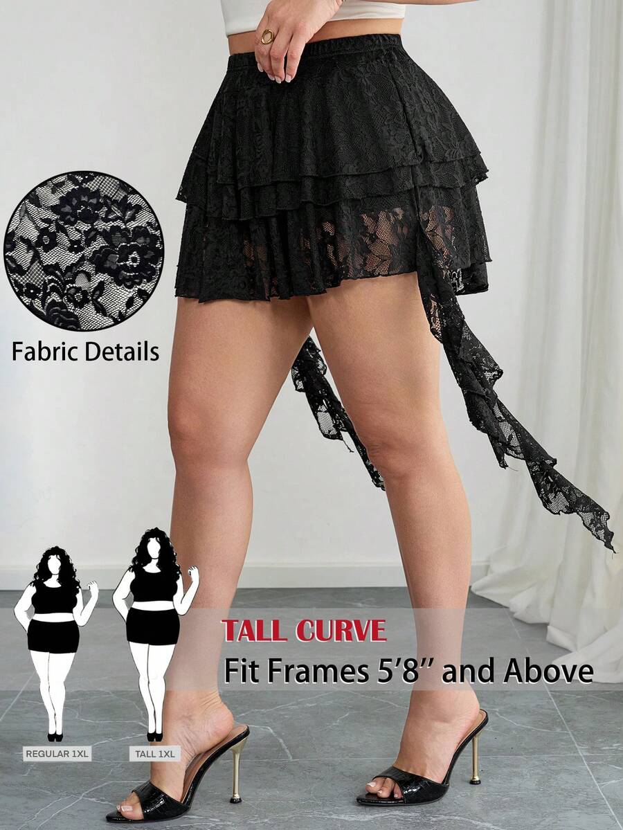 SHEIN Tall CURVE 大码纯色蕾丝飘逸优雅半身裙,适合夏季度假、婚礼宾客,适合高挑丰满女性,蕾丝元素,春季女性适用,情人节女性适用,派对、婚礼及活动、毕业典礼适用,大码夏季适用,女性度假适用,黑色半身裙 - 黑色 - 查看 1