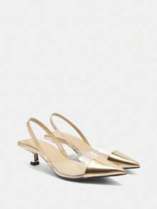 Women's Color Block Pointed Toe Backless Shoes, Minimalistic Style All-Match Shoes For Daily & Outdoor Wear, Suitable For Spring & Summer, Champagne-Colored High Heels, Elegant, Kitten Heels, Party Spring Shoes Summer Shoes - Champagne - View 8