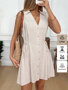 Easowa 杏色无袖收腰迷你连衣裙，亚麻舒适面料，适合休闲、通勤、办公、复古、法式度假风格穿着，春夏款 - 杏色 - 查看 1