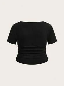 Muchica Plus Size Women Leopard Print Letter Graphic Ruched Casual T-Shirt - Black - View 8