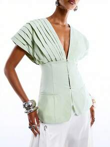 LYSMO 2026 New Arrive Minimalism Spring/Summer Women's Pleated Waist Cap Sleeve Blouse - Mint Green - View 4