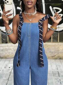 Slaydiva Bộ áo liền quần denim không tay cổ vuông thời trang dành cho nữ, thích hợp cho mùa hè. - Màu xanh lam - Xem 7