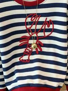 Muchica 女士休闲条纹龙虾印花圆领长袖卫衣，夏季 - 彩色 - 查看 6