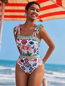 Travachic Women's Starfish & Crab Print One-Piece Swimsuit, Suitable For Beach Vacation, Pool Party, Beach Party - Multicolor - View 5