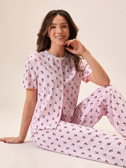 Loomlin Women Cotton 2 Pcs Contrast Colour Lace Detail Button Front Detail Short Sleeved Shirt&Long Pants With Ribbon Bow Pattern Patterned Homewear Comfort Lounge Set Pj Sets For Women Short Sleeve Pajamas Women Pink Pj Set Women Pajamas Set For Woman Pajama Set