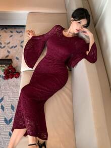 DAZY Vintage Lace Handmade Dress, Gentle Elegant Mermaid Long Sleeve Bodycon Dress Sun Dresses For Women - Red - View 5